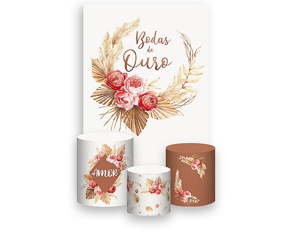 Painel De Festa Vertical 1,50 x 2,20 + Trio De Capas Cilindro - Floral Boho Mocha Bodas de Ouro 049