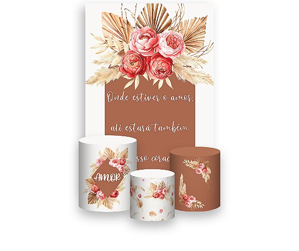 Painel De Festa Vertical 1,50 x 2,20 + Trio De Capas Cilindro - Floral Boho Tons de Mocha 054
