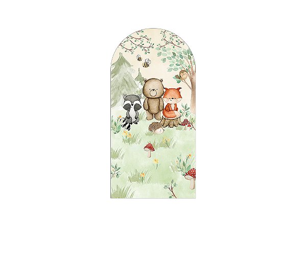 Painel De Festa Romano 1,00x2,00- Bosque Aquarela Bege e Verde Animais 021