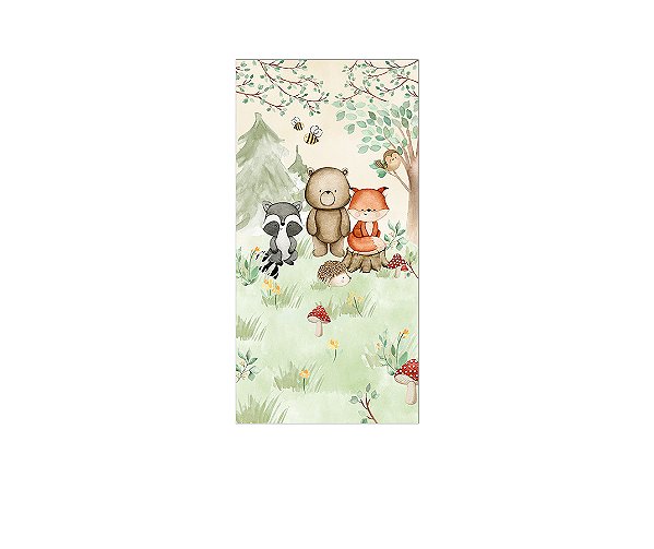 Painel De Festa Vertical 1,00 x 2,00 - Bosque Aquarela Bege e Verde Animais 021