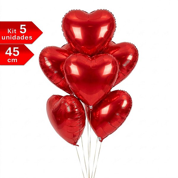 5 BALÕES CORAÇÃO METALIZADO 45cm (quando cheio)