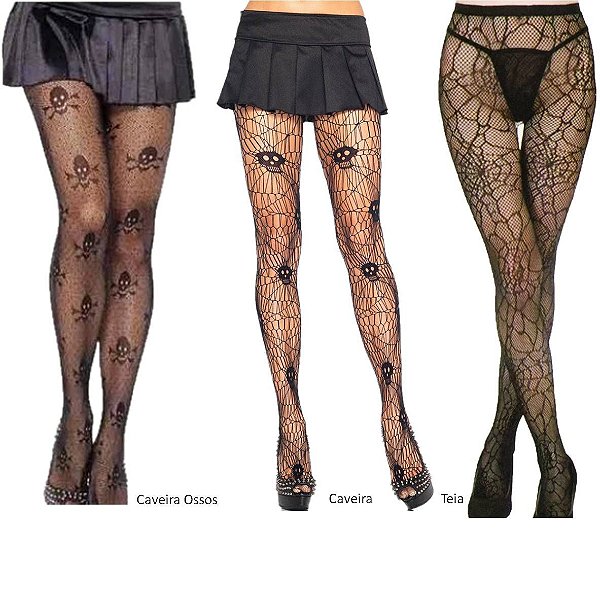 Meia Calça Arrastão Caveira Halloween