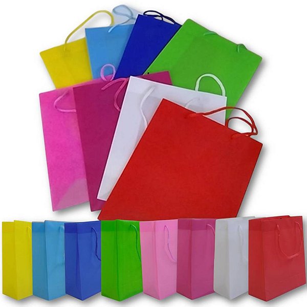 Kit 12 Sacolas Presente PVC Coloridas 22x18x7,5cm