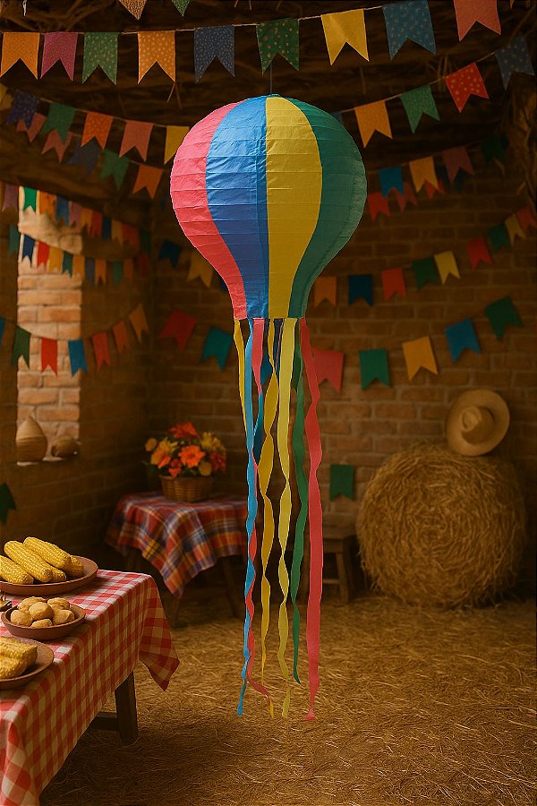 Enfeite Balão Papel c/ Fitas 35cm Festa Junina 66331
