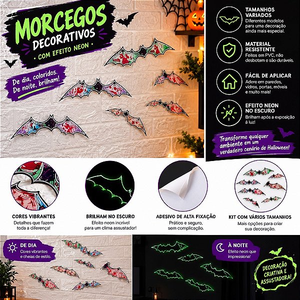 Decoração Morcego Brilha no Escuro c/12 Halloween
