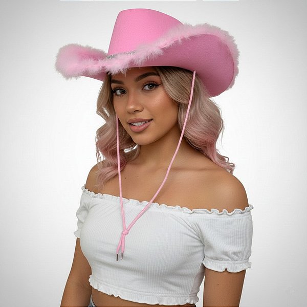 Chapéu Boiadeira Luxo Cowboy Rosa c/ Plumas