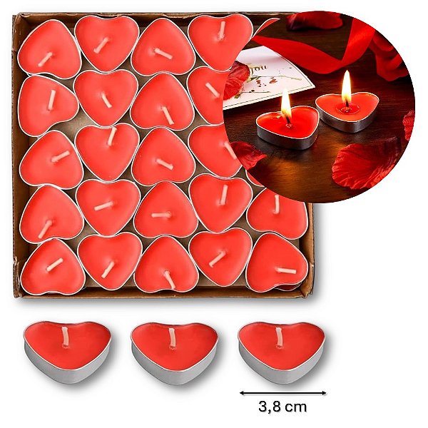 Kit 50 Velas Rechaud Coração Vermelha - Decoração Romântica