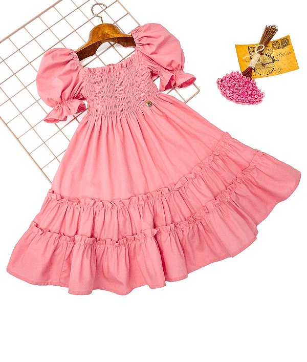Vestido Infantil Rodado (Rosa Chiclete) - Mangas Bufantes - Roupas Infantil  Exclusivas para Meninas e Meninos