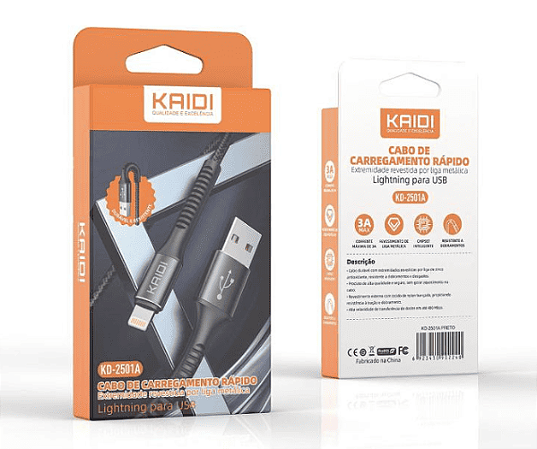 kd-2501a cabo carregador reforçado iPhone,3a,1m,kaidi kd-2501a