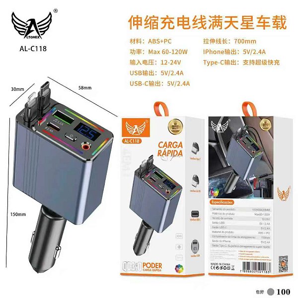 al-c118 carregador turbo +cabo retratiol ios e tipo c