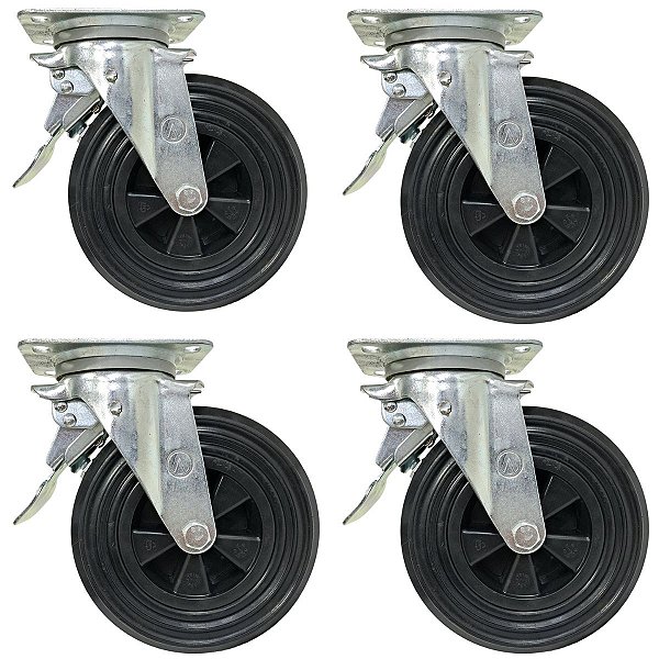 Rodizio Giratório C/ Freio para Container Plástico 8'' - Kit Com 4 Unidades