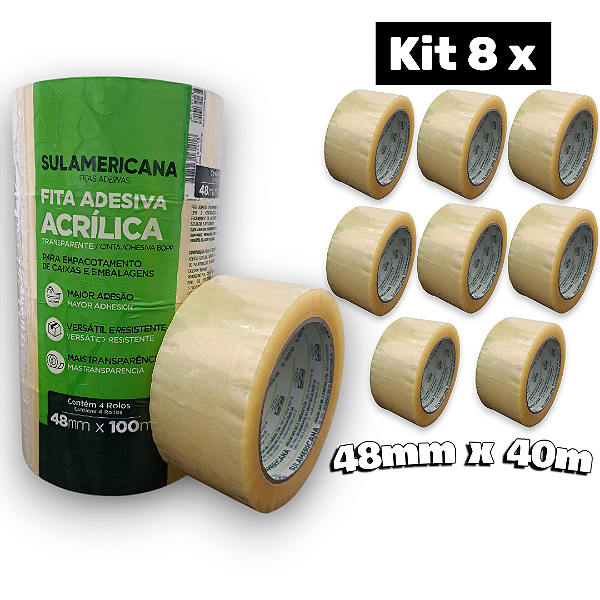 Kit 8 Fitas Adesiva Transparente 48x100m - Para Selar Embalagens Agrícolas