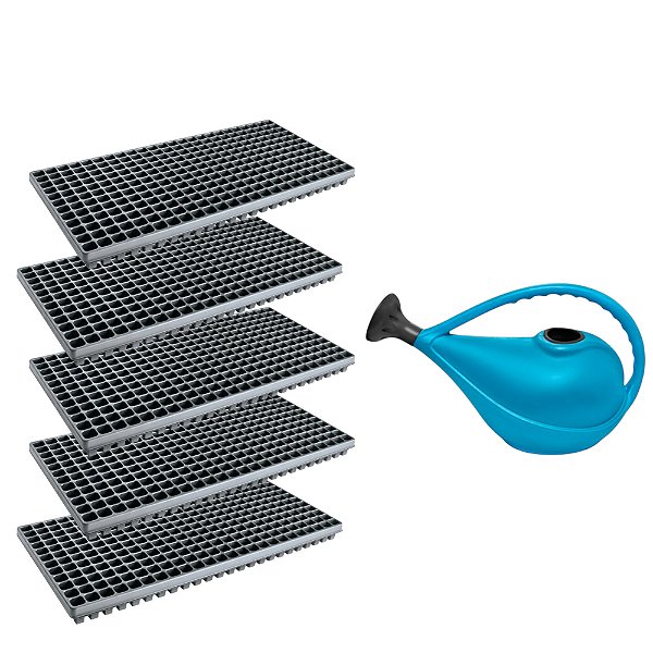 Kit 5 Bandejas 288 Células + Regador Azul 3L Nutriplan – Produção de Mudas