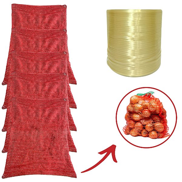 20 Embalagens Hortifruti Vermelha Cebola + Fitilho 2400m Ouro