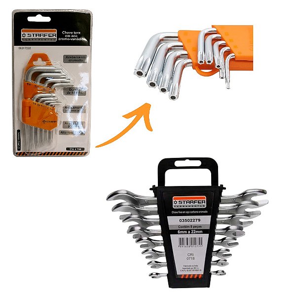 Kit 9 Chaves Torx + 8 Chaves Fixas 6 a 22mm - Starfer