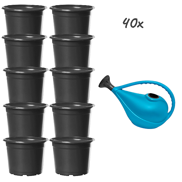 Regador Plástico 3L Azul Com Bico + 40UN Pote Holambra Preto - Nutriplan