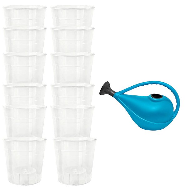 12UN Pote Transparente + Regador 3L Plástico Azul Com Bico - Nutriplan