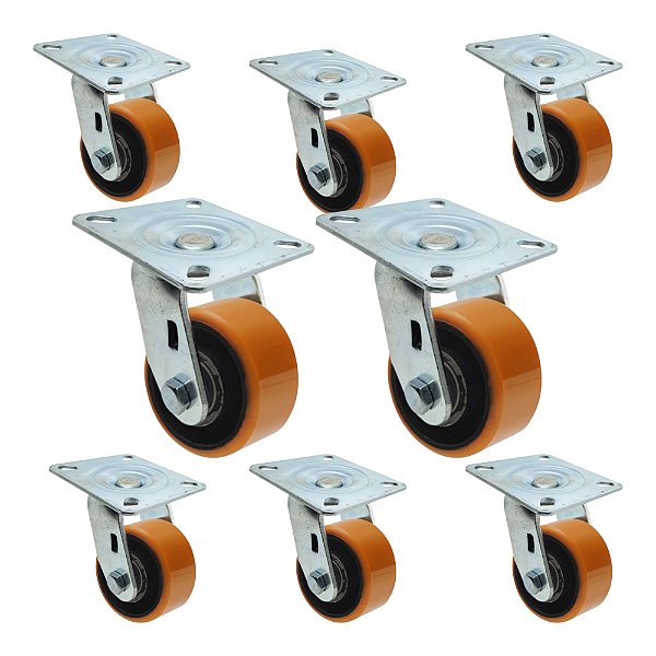 Kit 8 Roda Rodízio Giratório Poliuretano Laranja 4" Ajax