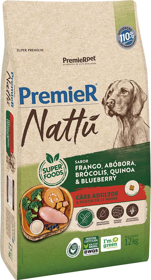 Ração para Cães Premier Nattu Adultos Frango, Abóbora, Brócolis, Quinoa e Bluberry 12kg