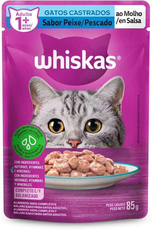 Ração Úmida para Gatos Whiskas Sache Castrado Peixe ao Molho 85g
