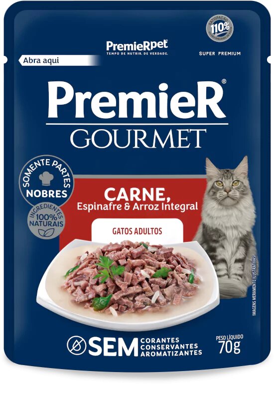 Ração Úmida para Gatos Premier Gourmet Gatos Sache Adulto Carne, Espinafre e Arroz Integral 70g
