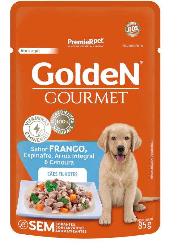 Ração Úmida para Cães Golden Gourmet Filhote Frango, Espinafre, Arroz Integral e Cenoura 100g