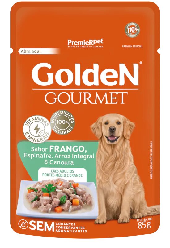 Ração Úmida para Cães Golden Gourmet Adulto Médio e Grande Frango, Espinafre, Arroz Integral e Cenoura 100g