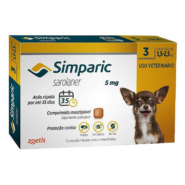 Simparic Antipulgas e Carrapatos de Comprimido para Cães 1,3 a 2,5kg - 3 unidades