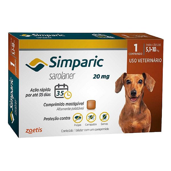 Simparic Antipulgas e Carrapatos de Comprimido para Cães 5,1 a 10kg - 3 unidades