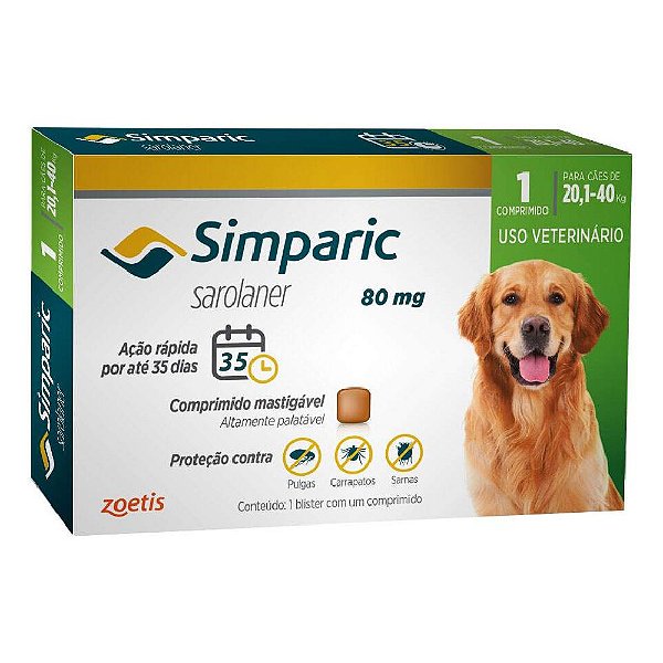 Simparic Antipulgas e Carrapatos de Comprimido para Cães 20,1 a 40kg - 3 unidades