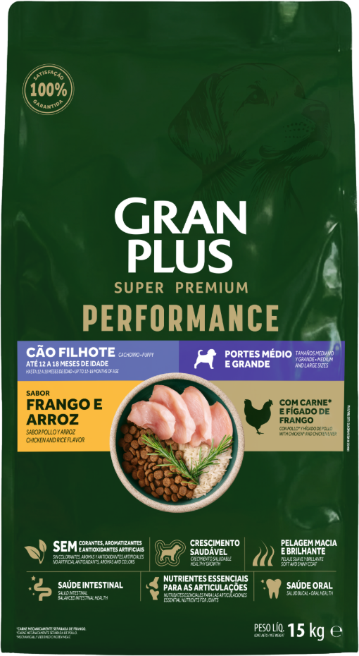 Ração para Cães Gran Plus Performance Filhotes Raças Médias e Grandes Frango e Arroz