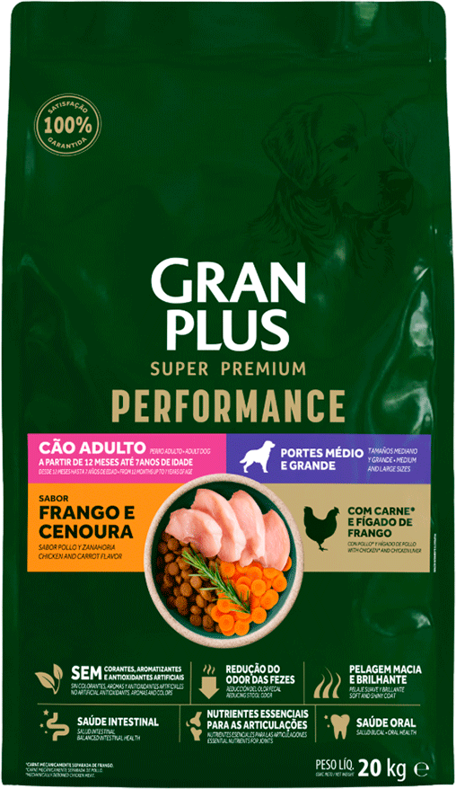 Ração para Cães Gran Plus Performance Adultos Raças Médios e Grandes Frango e Cenoura