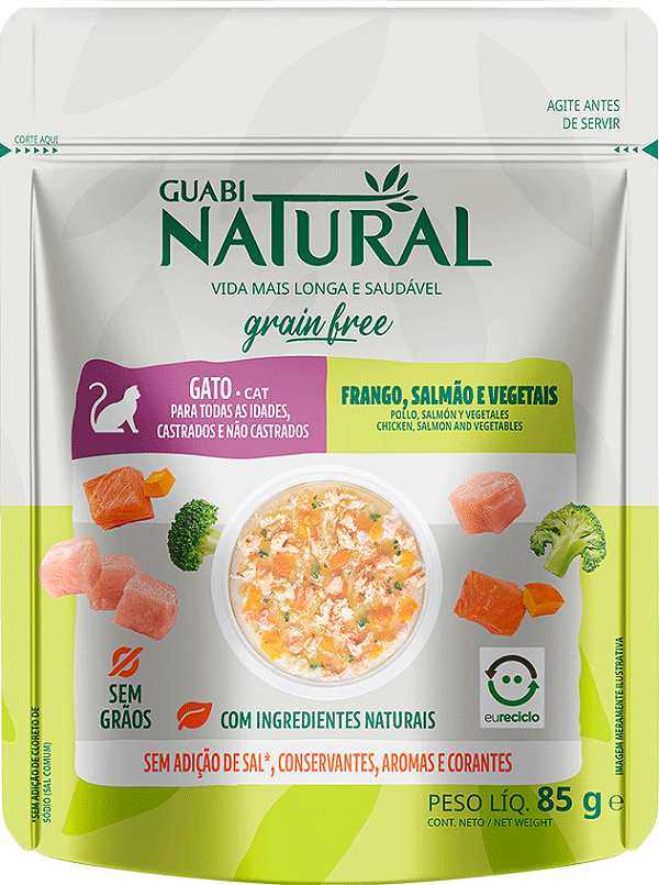 Ração Úmida para Gatos Guabi Natural Grain Free Gatos Sache Adulto Frango e Salmão 85g