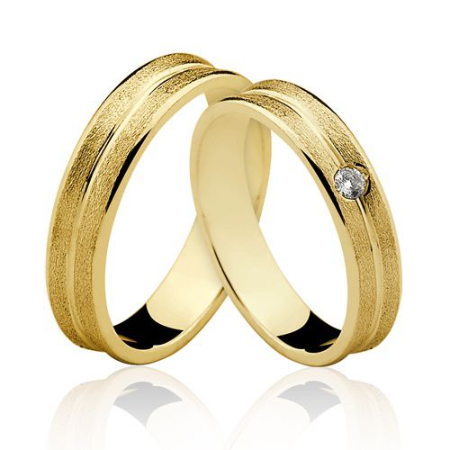 Par de Alianças 4mm e 1 pedra de zircônia - Singapura - Ouro 18k