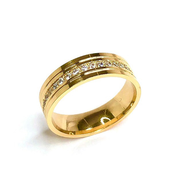 Par de Aliança 7mm Com 20 pedras de Zircônia - Irlanda Ouro 18k