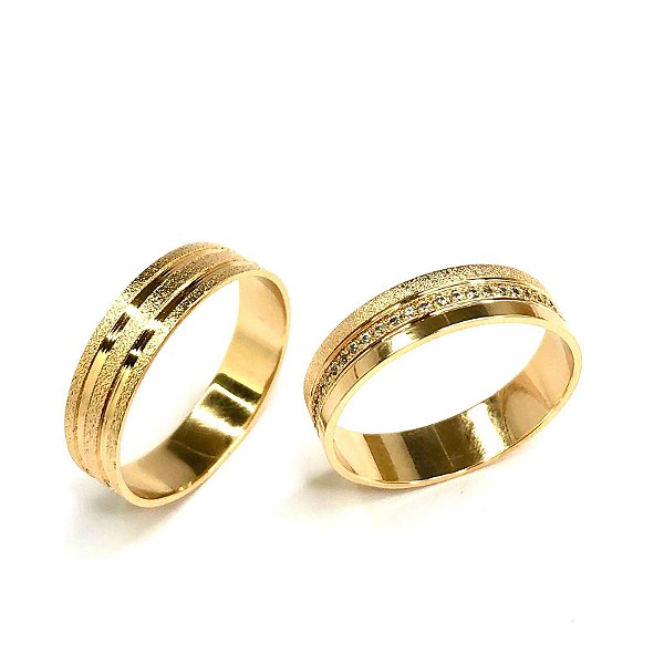 Par de Aliança Luxo 5mm com 20 Pedras de Diamante-  Bósnia Ouro 18k