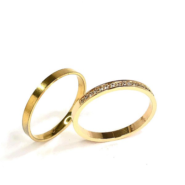 Par de Aliança Luxo 3mm Com 20 Pedras de Diamante - Mianmar Ouro 18k