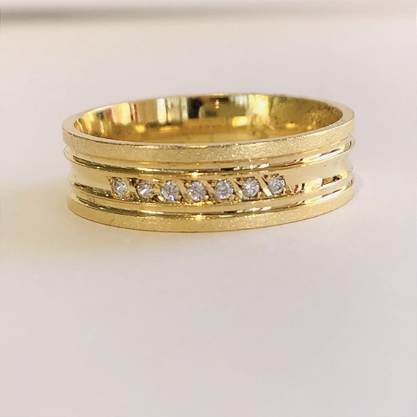 Par de Alianças 6mm com 07 Pedras de Zircônia - Granada - Ouro 18k