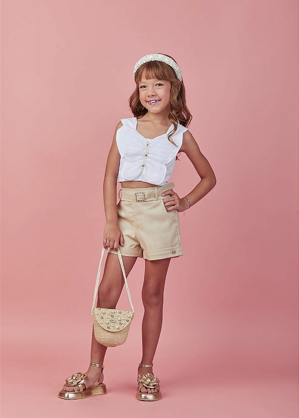 Cj Short de Linho Bege e Blusa Borboleta Tule Bege Gabriela Aquarela-6266/252203
