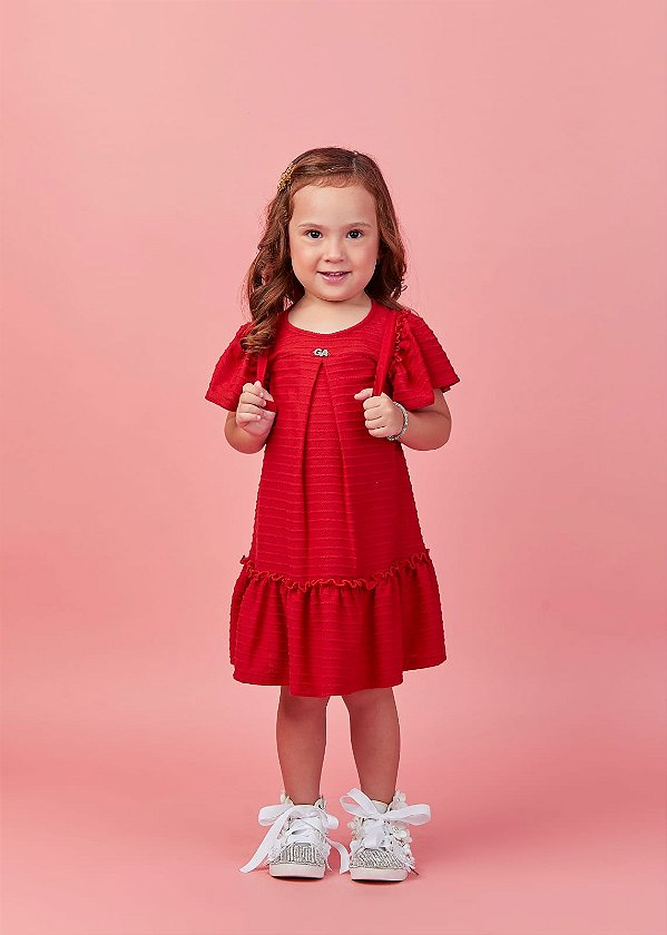 Vestido Vermelho Texturizada Com Mochila Ursinha Gabriela Aquarela-6263/252057