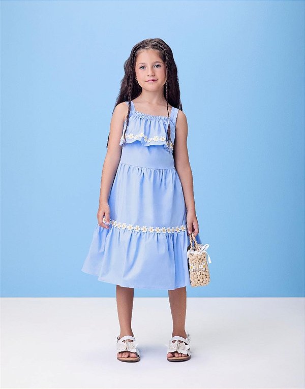 Vestido Tricoline Margaridas Azul Dolce Momi-6426