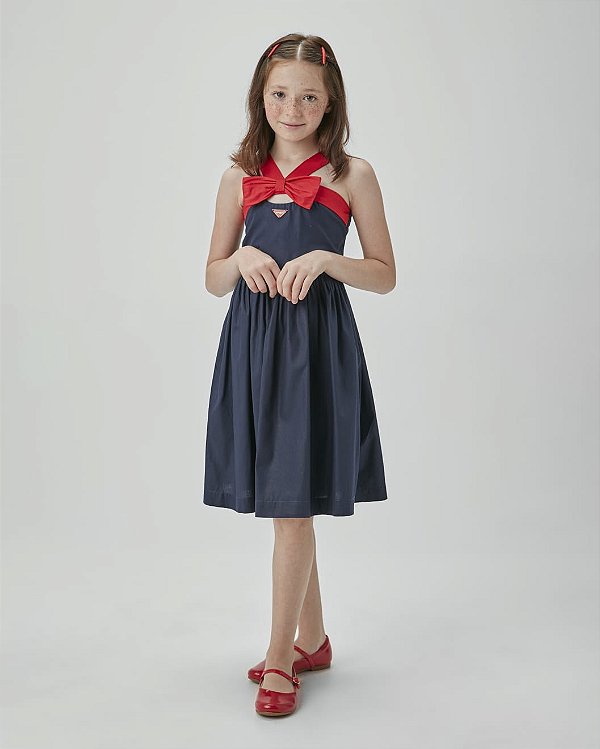 Vestido Rodado Em Tricoline Bicolor e Laço / Marinho Um Mais Um-891003