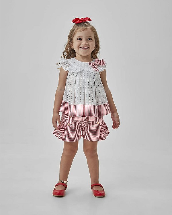 Conjunto Baby Bata de Lasie e Short Trcoline Listrada  Vermelho Um Mais Um-897043