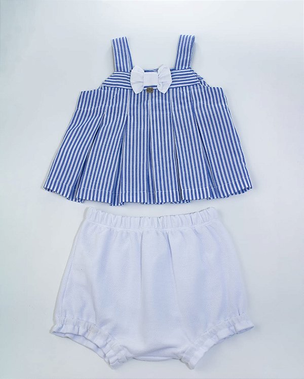 Conjunto Bata  Listrada e Short Fofinho Piquet de Algodão  Branco  Um Mais Um-897103