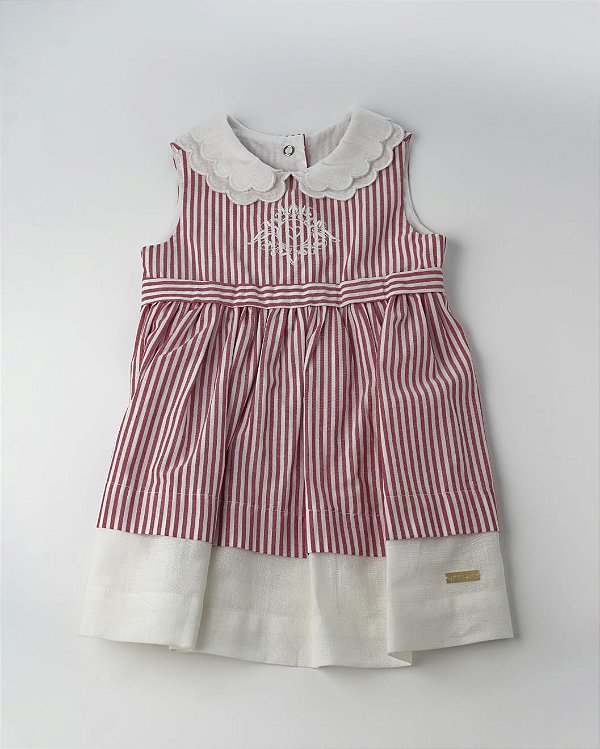 Vestido e Calcinha Baby Listrada e Gola Bordada Vermelho Um Mais Um-897142
