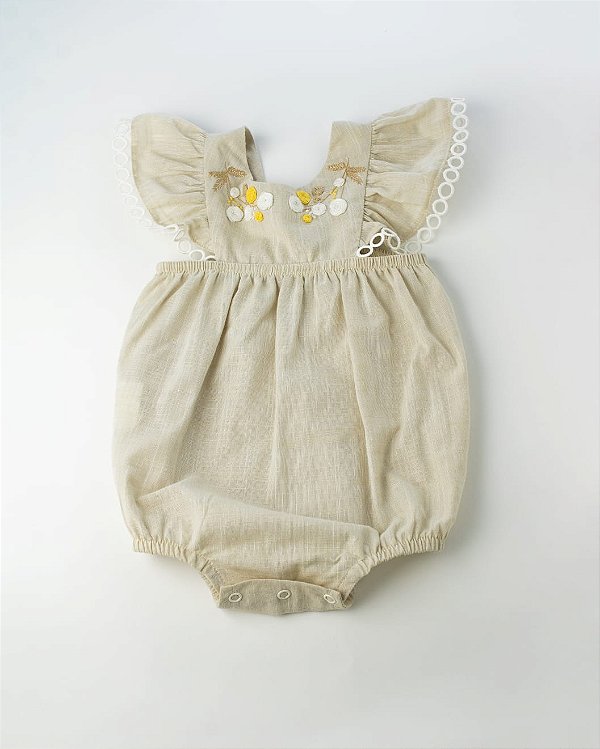 Romper Cambraia de Algodão Com Textura de Linho Bege Claro Um Mais Um-897143