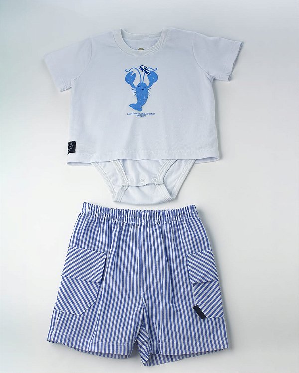 Conjunto Camiseta Com Estampa e Aplique e Bermuda Listrada  Azul Claro Um Mais Um-897602