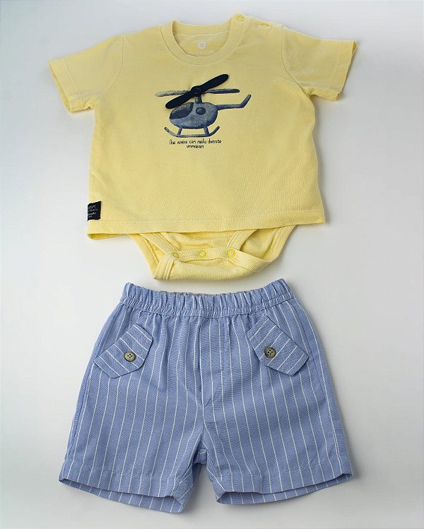 Conjunto Camiseta Body Com Estampa e Bermuda Sarja Listrada  Um Mais Um-897603