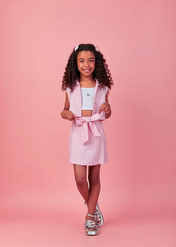 Cj 3 Pcs Saia e Colete Rosa Cristais e Top Branco Rosa Gabriela Aquarela-6265/252072