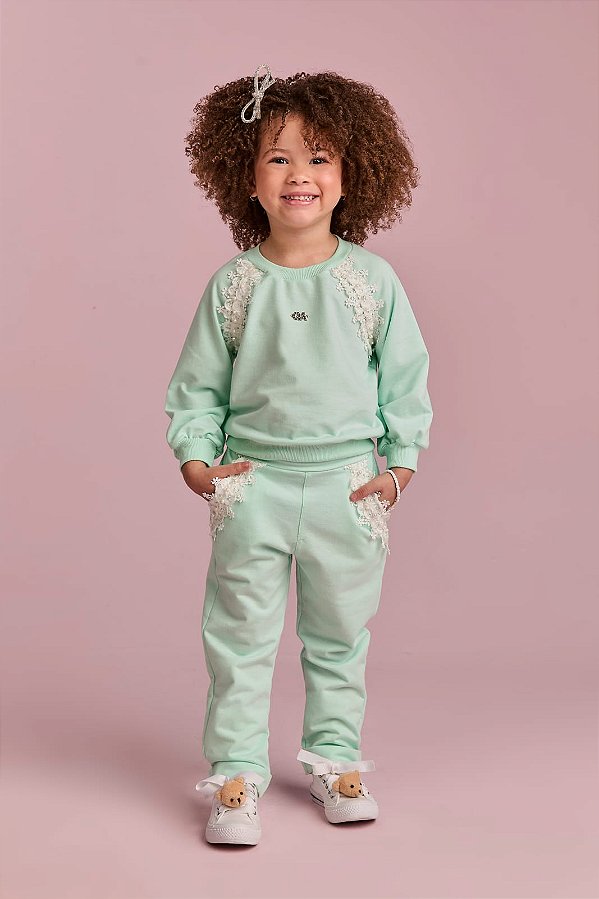Cj Calca e Blusa Comfy Com Detalhes Em Renda Verde Agua Gabriela Aquarela-6331/261091